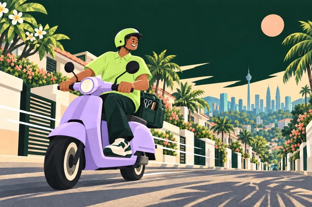 A smiling barber in a lime helmet rides a lilac scooter through a leafy Klang Valley street