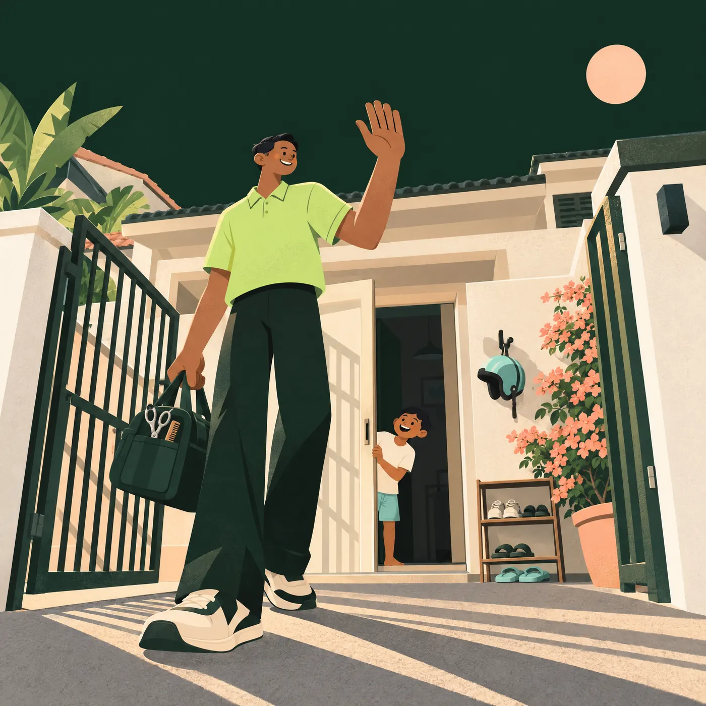 A smiling barber waves at the gate of a terrace house while a child peeks out of the doorway