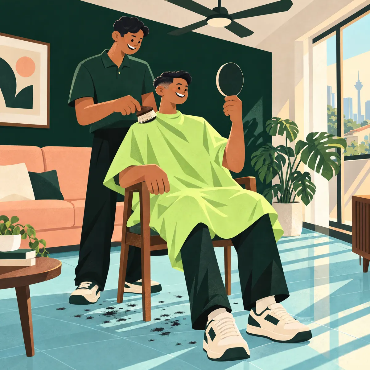 A smiling customer in a lime cape admires his fresh cut in a hand mirror while the barber brushes off his shoulder